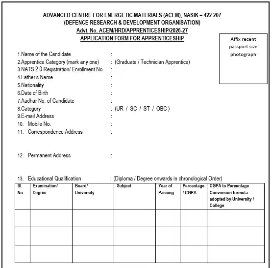 Form Download Link for DRDO ACEM Apprentice Recruitment 2026
