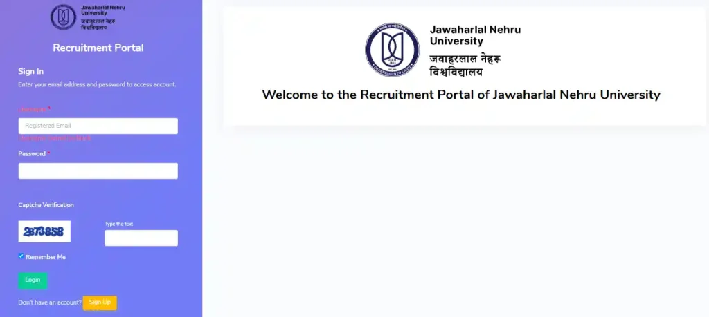 Login and Sign Up option for JNU Non-Teaching Recruitment 2026