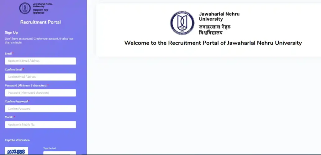 Registration form for JNU Non-Teaching Recruitment 2026