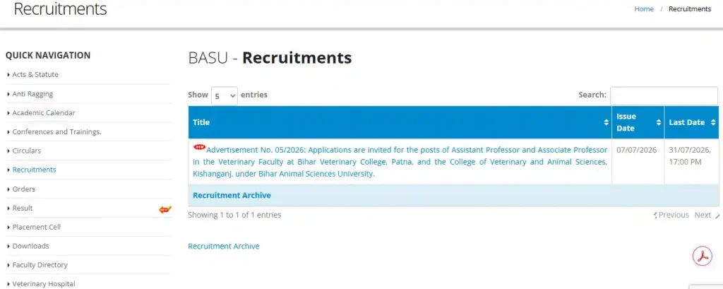 Advertisement option for BASU Recruitment 2026