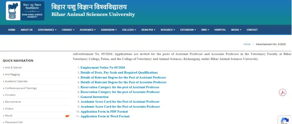 Form download link for BASU Recruitment 2026