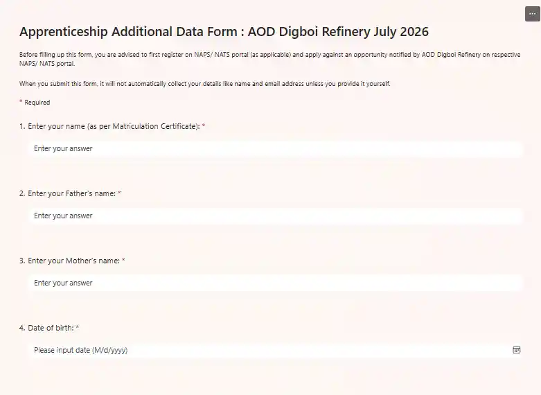 IOCL AOD Digboi Refinery Apprentice Recruitment 2026 microsoft form image of IOCL AOD Digboi Refinery Apprentice Recruitment 2026