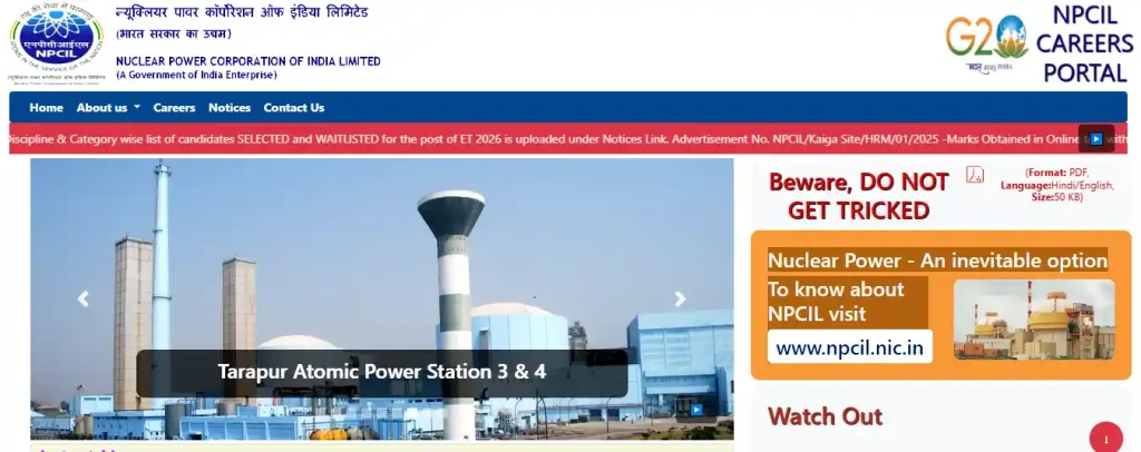 NPCIL Careers website homepage for NPCIL Kudankulam Recruitment 2026