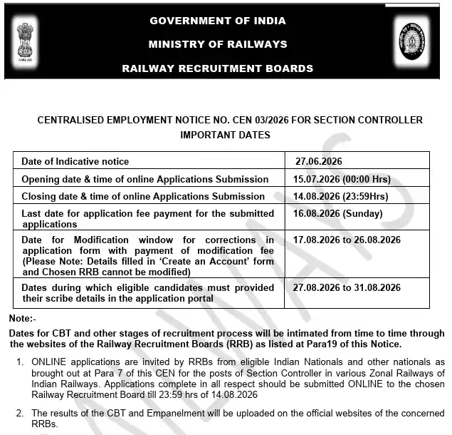 IOCL AOD Digboi Refinery Apprentice Recruitment 2026 Full notification image of RRB Section Controller Recruitment 2026