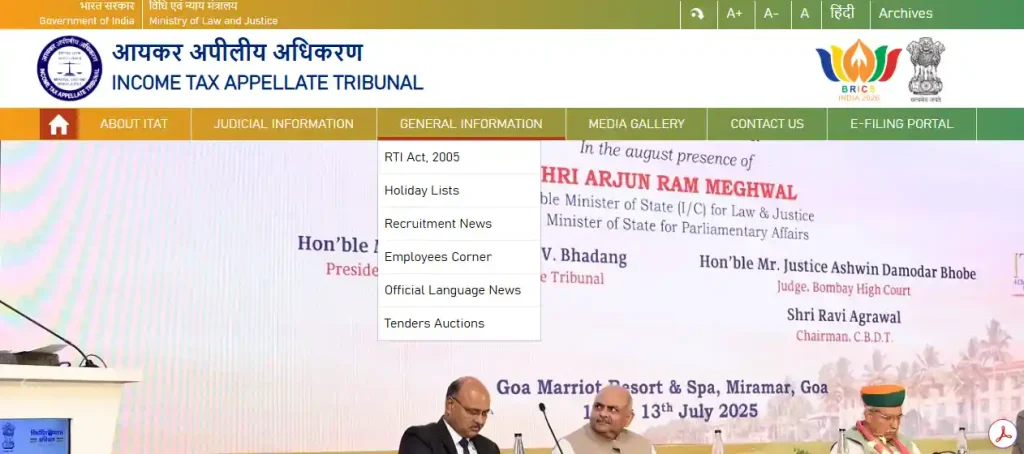 ITAT website homepage of ITAT Private Secretary Recruitment 2026