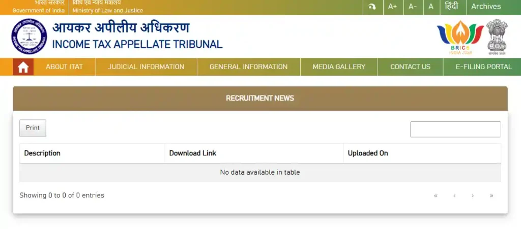Recruitment website section for ITAT Private Secretary Recruitment 2026
