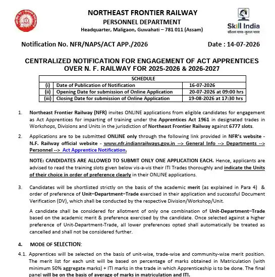 Official Notificaition image of Northeast Frontier Railway NFR Apprentice Recruitment 2026
