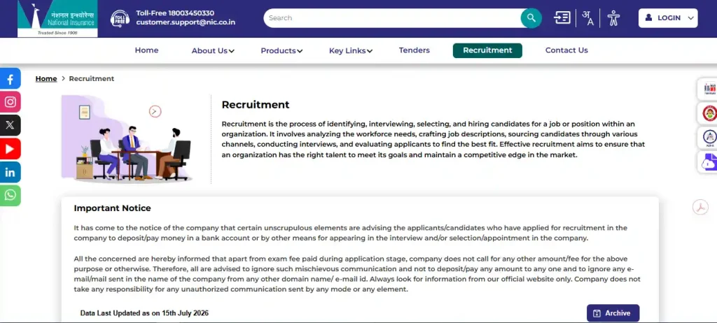 Recruitment section for NICL Assistant Recruitment 2026