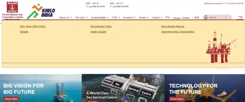 ONGC website homepage for ONGC Graduate Trainee Recruitment 2026
