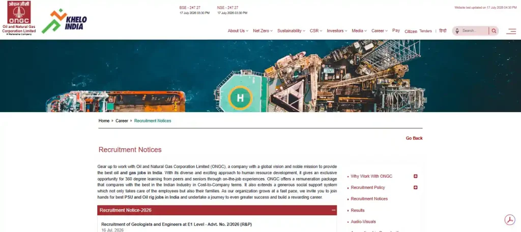 Recruitment section for ONGC Graduate Trainee Recruitment 2026
