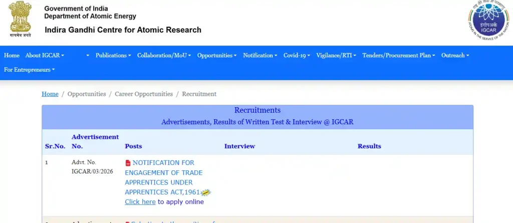 Apply link for IGCAR Apprentice Recruitment 2026
