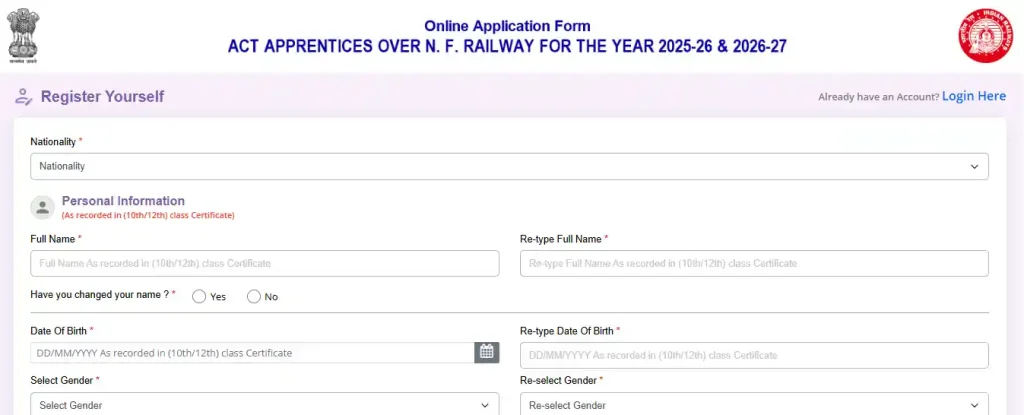 Northeast Frontier Railway NFR Apprentice Recruitment 2026 Registration form image of Northeast Frontier Railway NFR Apprentice Recruitment 2026