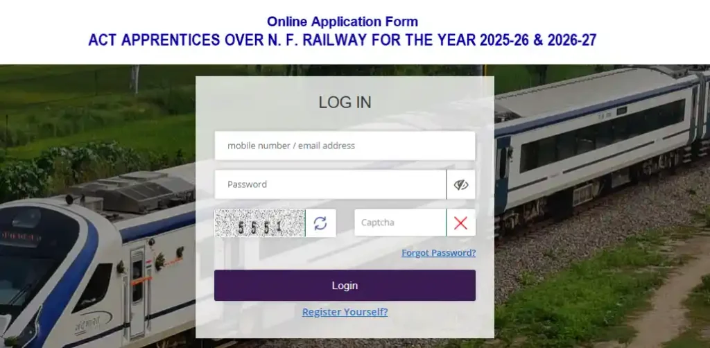 Northeast Frontier Railway NFR Apprentice Recruitment 2026 Login form image of Northeast Frontier Railway NFR Apprentice Recruitment 2026