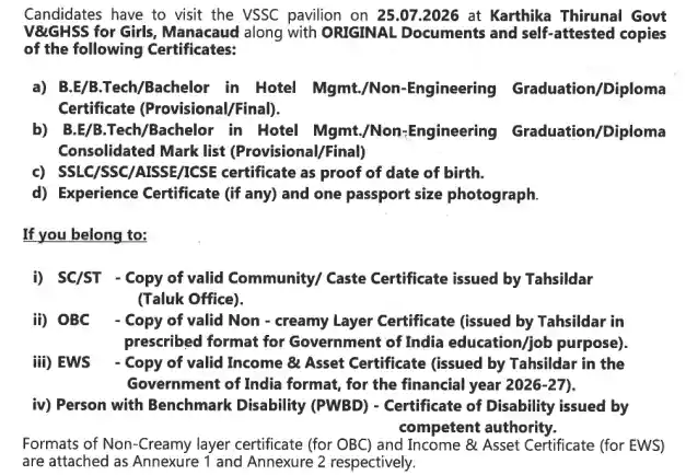 Document for ISRO VSSC Apprentice Recruitment 2026