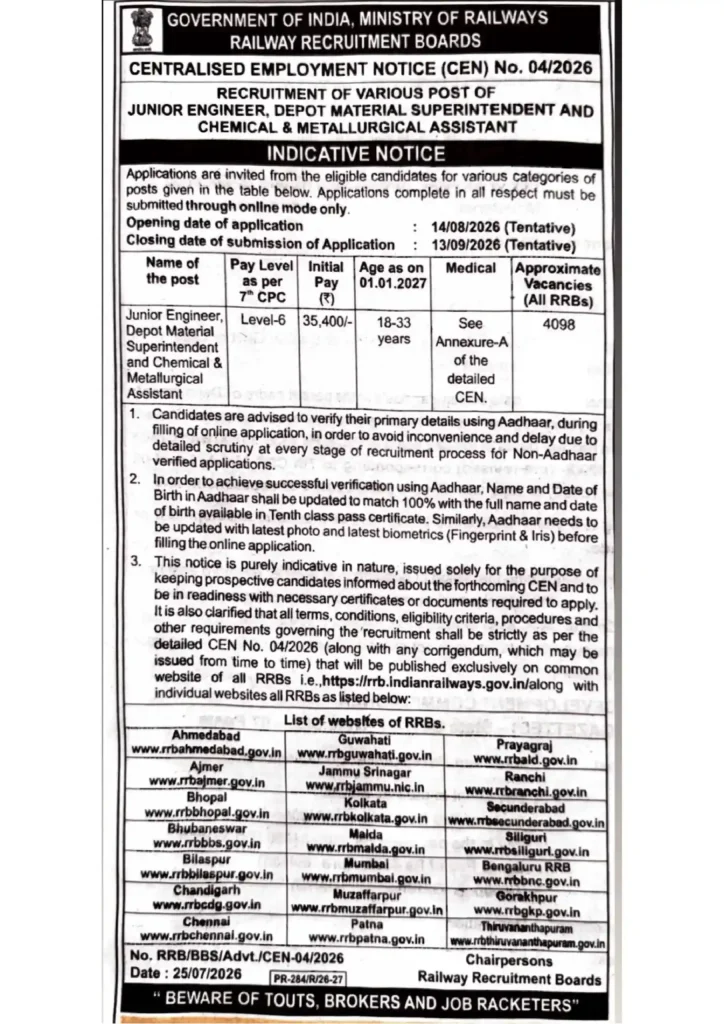 RRB JE Vacancy 2026 RRB JE Vacancy 2026 Short Notice Out