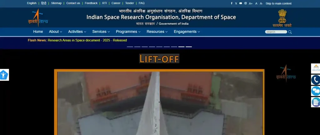 ISRO website homepage image for ISRO Recruitment 2026