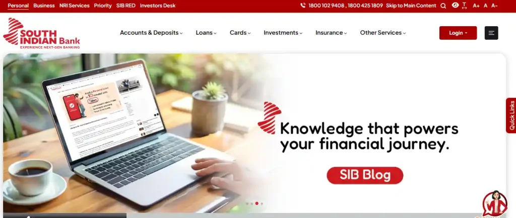 South Indian Bank website homepage for South Indian Bank PO Recruitment 2026