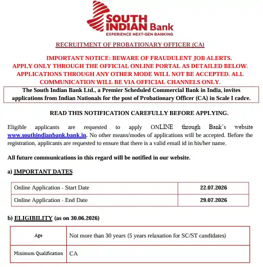 Official Notification image of South Indian Bank PO Recruitment 2026