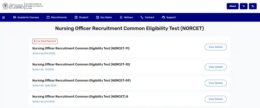 AIIMS NORCET 11 Nursing Officer Recruitment 2026 Nursing Officer Recruitment Common Eligibility Test (NORCET-11) option for AIIMS NORCET 11 Nursing Officer Recruitment 2026