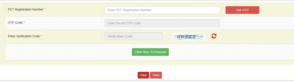 PET form login page image for PET Registration Number